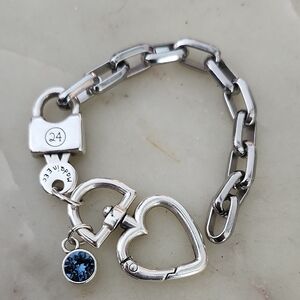 Silver Plated Heart Padlock Key Lock Swarovski Charm Chain Toggle Clasp Bracelet